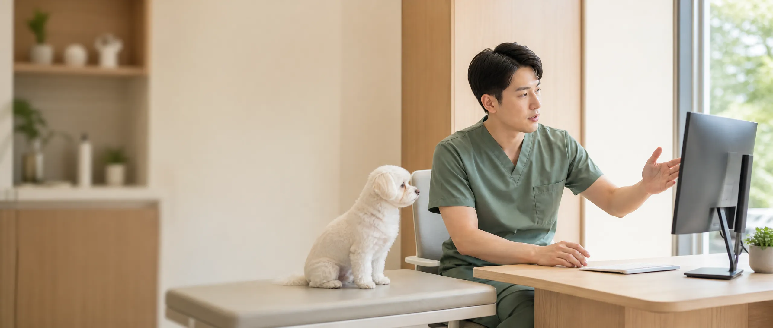 진료실에서 보호자에게 검사 결과를 설명하는 모습